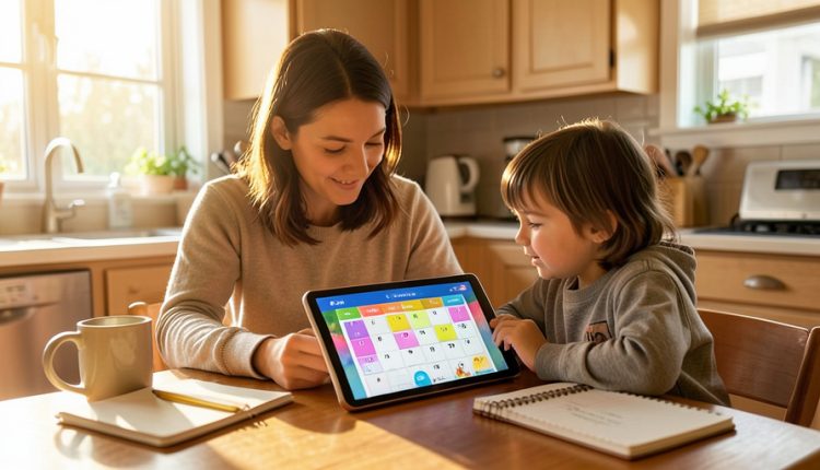 A parent and child at a kitchen table looking at a tablet showing a colorful monthly calendar in warm morning light