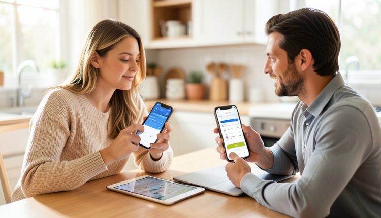 Two parents at a kitchen table each holding a smartphone and comparing settings screens, with a tablet and laptop on the table