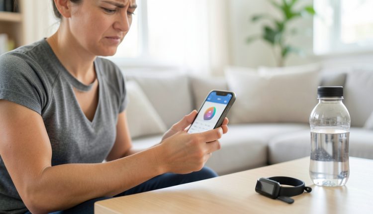 A person at home looking frustrated at a fitness app on their phone, with a water bottle and fitness band on the table