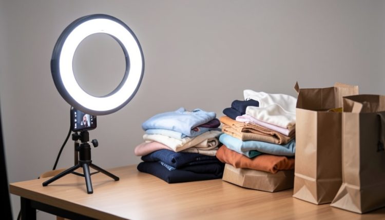 A ring light and phone on a tripod facing a pile of new folded clothing and shipping bags, set up to film a haul video