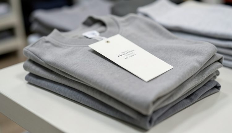 Folded stack of clothing on a retail table with a blank hang tag attached to the top garment