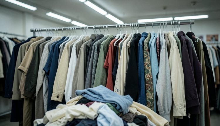 Overflowing rack of cheap mass-produced clothing on plastic hangers with a pile of garments below