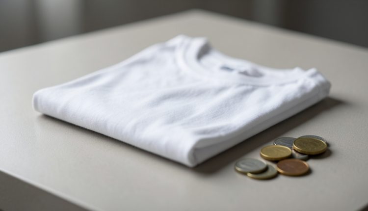 Folded white t-shirt on a neutral table with a small scattered handful of euro coins beside it