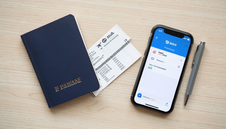 A passport, a printed airline boarding pass with a barcode, a smartphone showing an airline app, and a pen on a wooden table