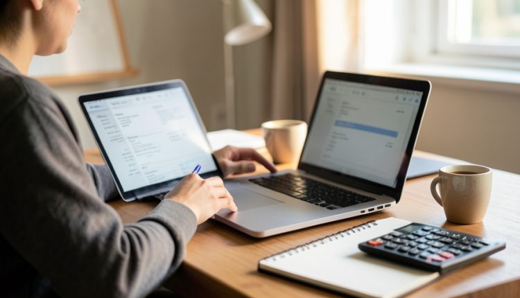 A solo contractor creating an invoice on a laptop at a home-office desk with a calculator and notebook