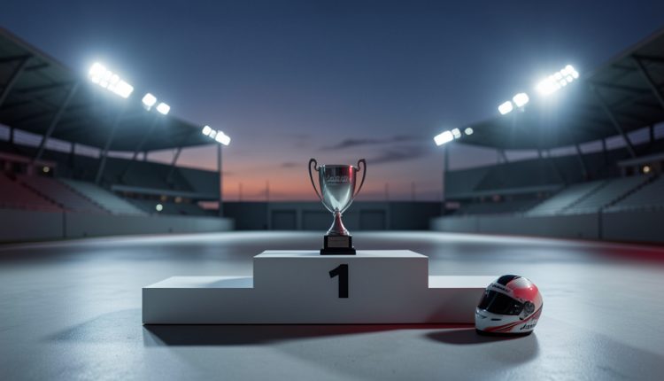 Empty motorsport podium with a single trophy and a racing helmet under stadium lights at dusk