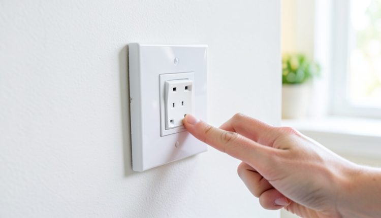 A hand reaching toward the reset button of a white GFCI electrical outlet on a wall
