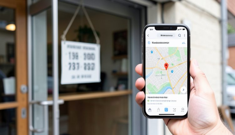 A shop storefront with a hanging hours sign on the door and a hand holding a phone showing a map with a business listing