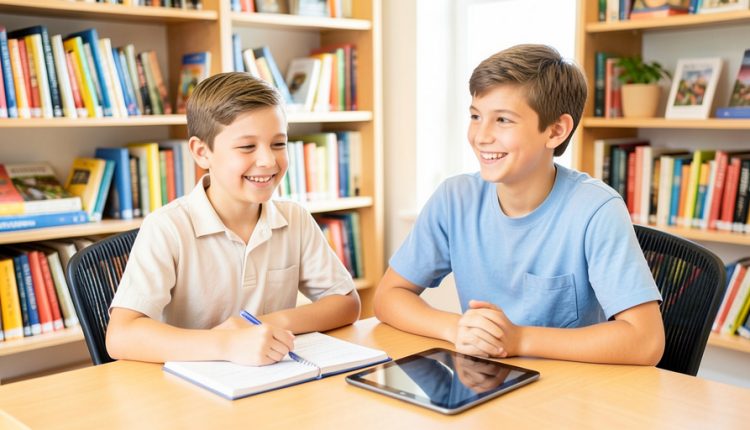 A tutor and a young student at a table with a workbook and a tablet in a bright tutoring center with bookshelves