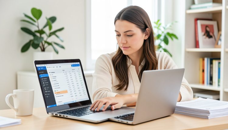 A teacher at a laptop reviewing an online class grading dashboard, with a coffee mug and papers on the desk
