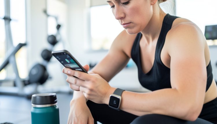 A person in athletic clothing checking a fitness app on their phone in a gym, wearing a fitness smartwatch
