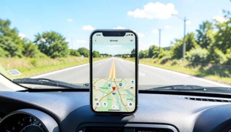 A smartphone mounted on a car dashboard showing a navigation map with an open road ahead through the windshield