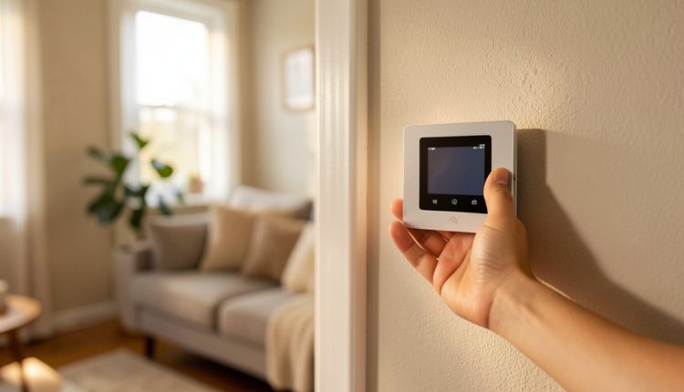 A hand adjusting a modern digital wall thermostat in a warm living room