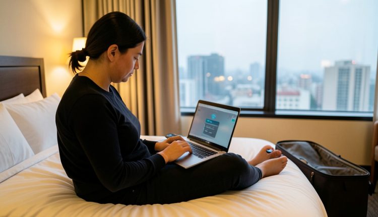 A traveler sitting on a hotel bed with a laptop showing a WiFi connection screen, a suitcase and city window behind