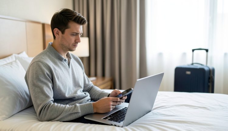 A traveler on a hotel bed looking frustrated at a laptop and phone while trying to connect to Wi-Fi