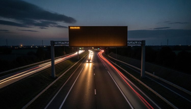 An overhead electronic highway message board glowing amber at dusk over a multi-lane road with car light trails