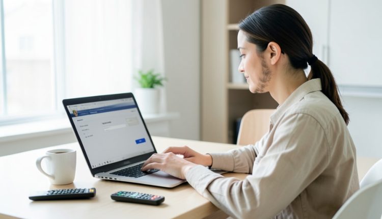 Person calmly managing an online account on a laptop at a bright desk with a coffee mug and TV remote nearby