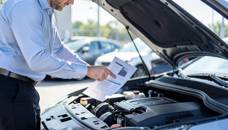 A buyer inspecting the open engine bay of a car at a dealership lot while holding warranty paperwork