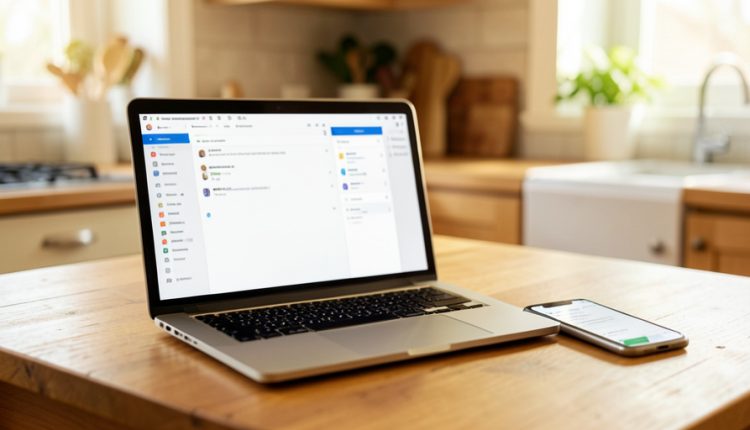 A laptop showing an email inbox and a smartphone on a family kitchen table
