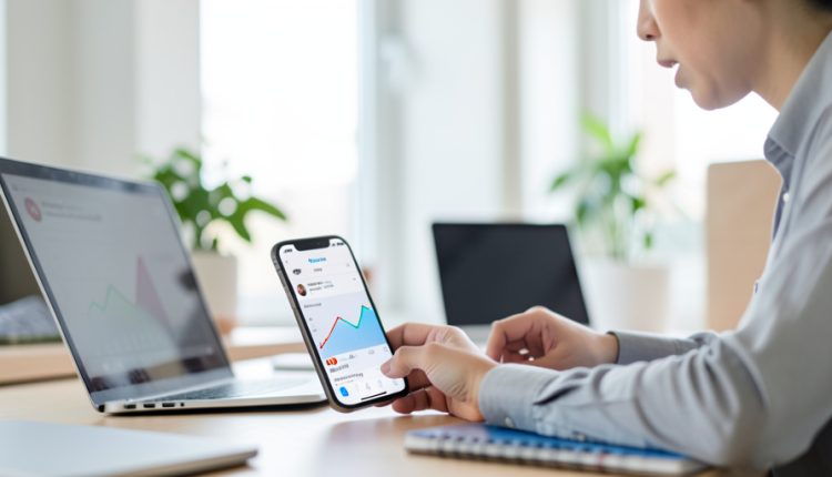 A small-business owner looking worried at a phone showing a social media analytics graph dropping toward zero