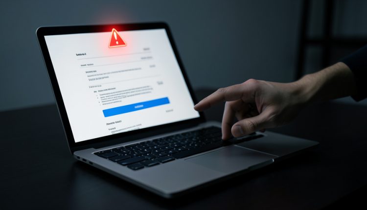 A laptop showing an invoice with a prominent action button and a red warning triangle, with a hand hovering to click