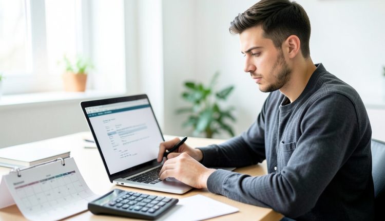 A young freelancer at a desk reviewing an invoice on a laptop with a calendar and calculator nearby