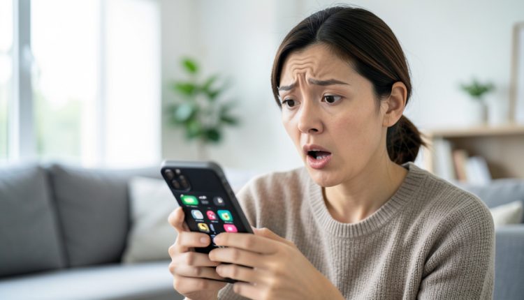 A person at home looking surprised at their iPhone after noticing several missed calls on the screen