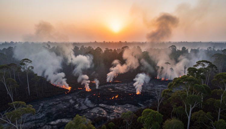 Aerial view of smoldering tropical peatland and forest in Borneo with thick smoke haze rising at dusk