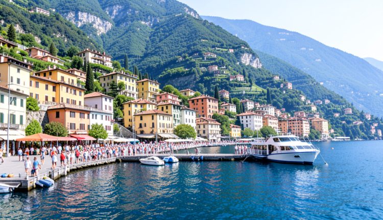 A crowded Lake Como waterfront promenade with pastel villas on a green mountainside, tourists on the dock, and a ferry arriving