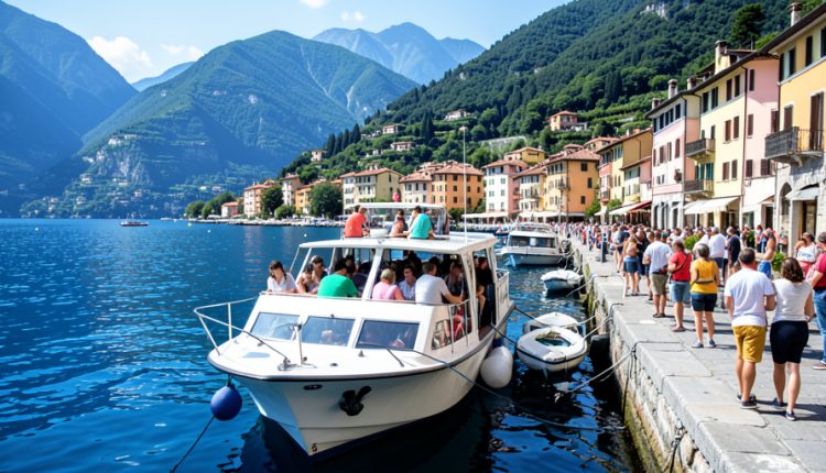A passenger ferry packed with day-trippers docked at a colorful Italian lakeside town with a crowd waiting on the quay