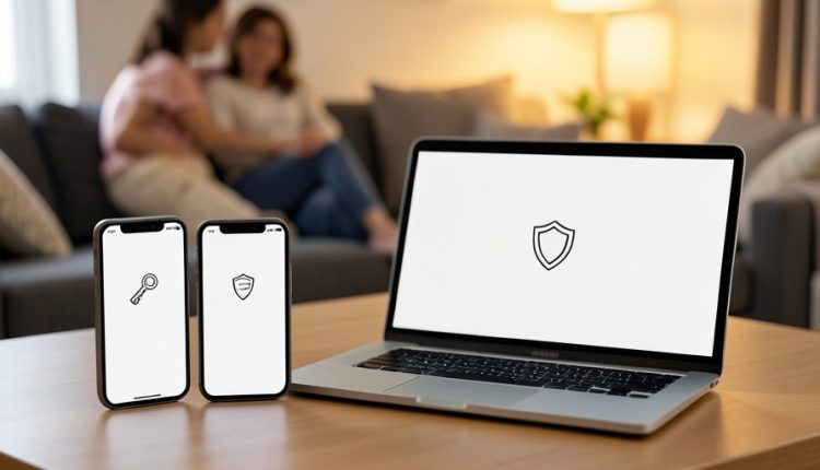 Two smartphones showing key and shield icons beside a laptop, with a family on a couch softly blurred behind