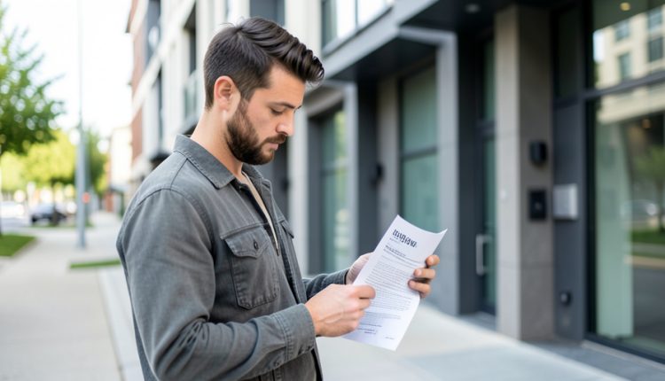 A prospective renter reading a rental document while standing outside a modern apartment building