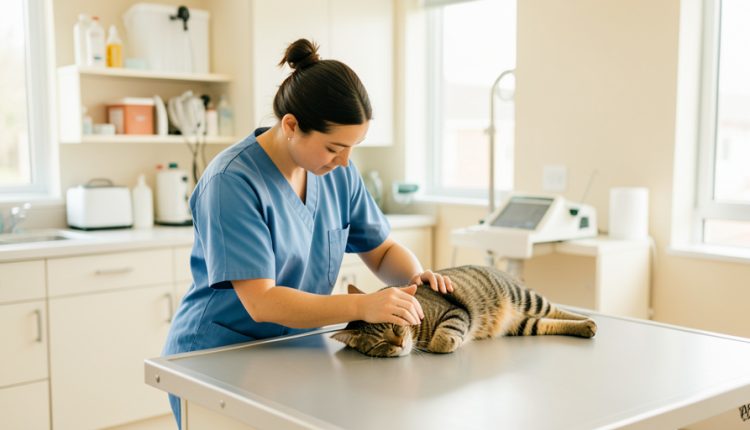 A veterinarian in blue scrubs gently examining a calm tabby cat on an exam table in a bright veterinary clinic
