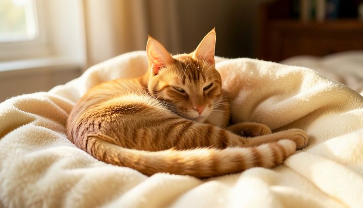 An orange tabby cat resting calmly curled on a soft cream blanket in warm indoor light