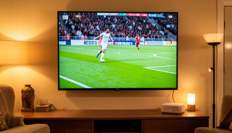 A wall-mounted TV showing a live soccer match in a cozy living room with a WiFi router on the console below