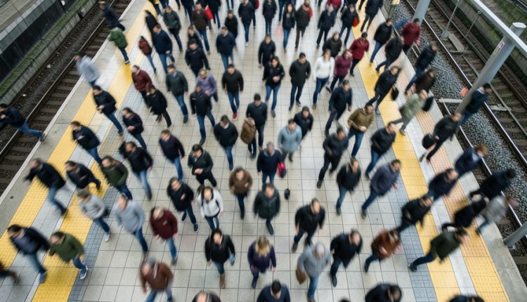 Overhead view of a busy railway station concourse at rush hour with crowds of commuters seen from above in motion blur