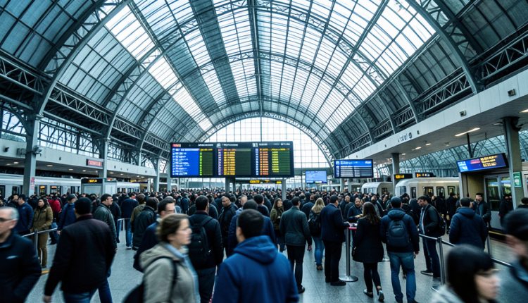 A dense crowd of commuters filling a large vaulted train station concourse beneath departure boards at rush hour