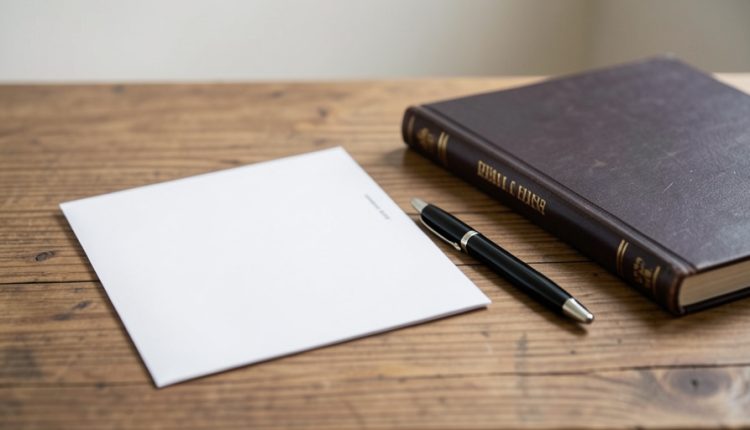 Blank mail-in ballot envelope and a pen on a wooden desk beside a closed law book