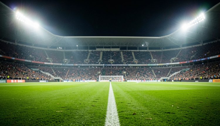 A floodlit football stadium at night with an empty green pitch in the foreground and packed stands blurred behind