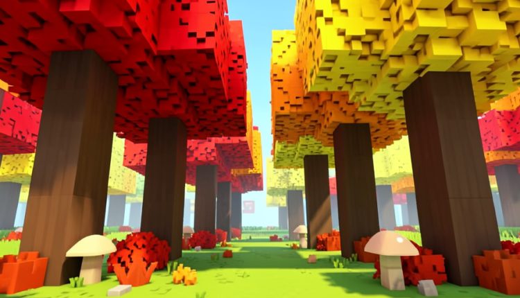 Ground-level view inside a voxel dappled forest with red and orange cube trees, shrubs, and mushrooms