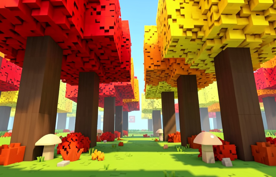 Ground-level view inside a voxel dappled forest with red and orange cube trees, shrubs, and mushrooms