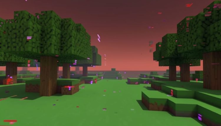 A blocky voxel forest landscape with a red glitchy sky and scattered digital glitch artifacts, suggesting a buggy game update