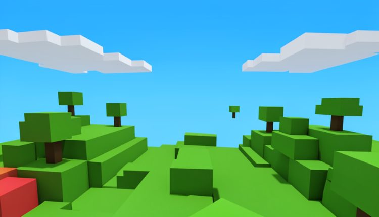 A generic blocky voxel-style landscape of cubic green hills, cube-shaped trees, and blocky clouds under a bright blue sky