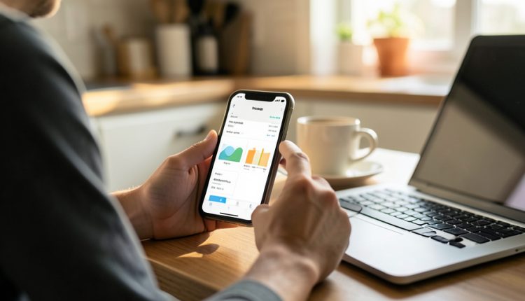 A person at a kitchen table holding a phone showing a budgeting app with charts, a laptop and coffee cup nearby