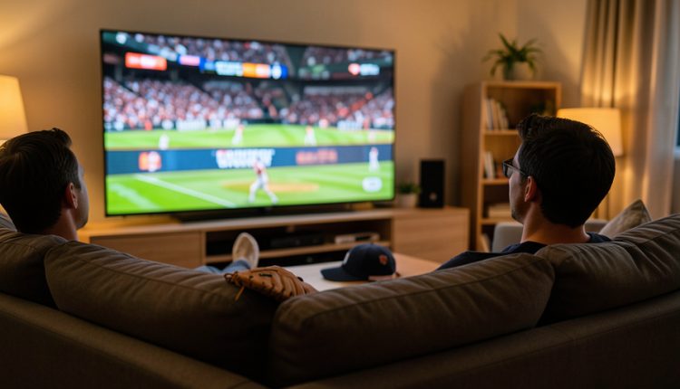 Two baseball fans watching a game on a large TV in a cozy living room with a glove and cap nearby