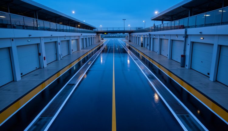 Empty Formula 1 pit lane at dusk with painted lane markings and timing sensor strips