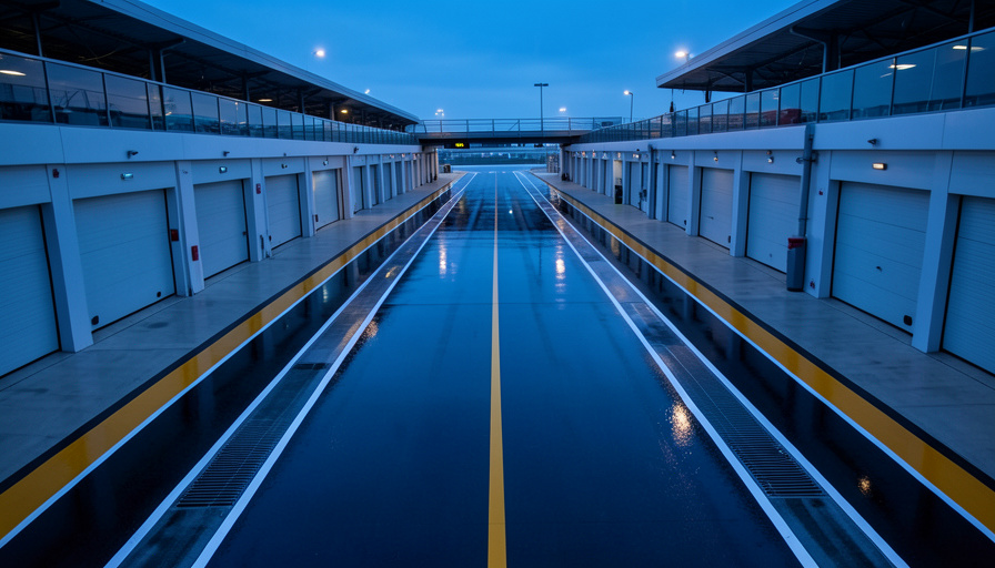 Empty Formula 1 pit lane at dusk with painted lane markings and timing sensor strips