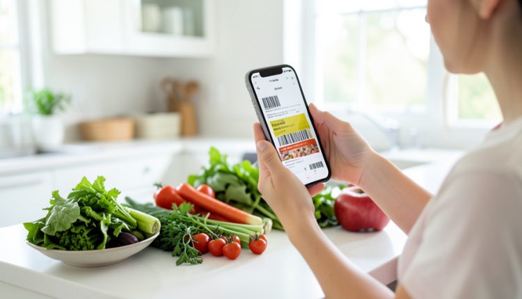 A person in a kitchen scanning a food package barcode with a phone app, fresh vegetables on the counter