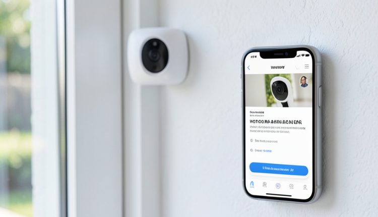 A white home security camera on a wall near a door and a phone showing a motion-alert notification