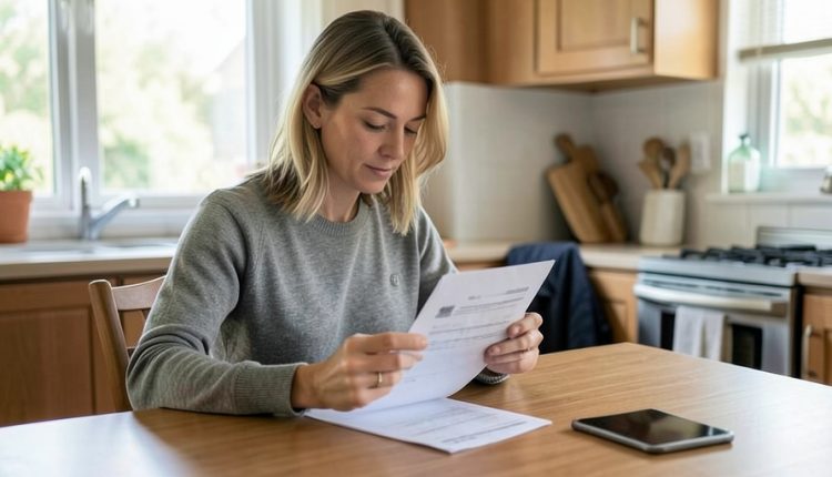 Person at a kitchen table reviewing a bank statement with a credit card and phone nearby